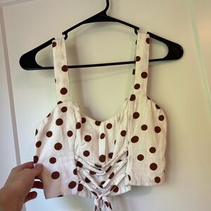 Abercrombie & Fitch White and Brown Ruched Tie Front Cropped Tank Top